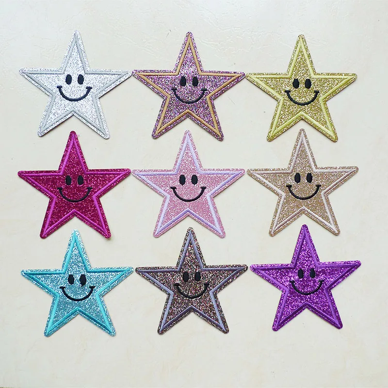 Блестящие блестящие термоплавкие патчи в виде пятиконечной звезды с улыбкой для