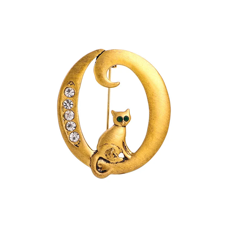 

Cute Cat Moon Brooch Simple Letter O Badge Jewelry Female Fixed Clothes Suit Sweater Cardigan Pin Rhinestone Metal Scarf Buckle
