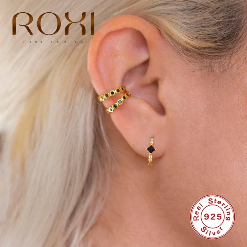 Женские серьги кольца из серебра 925 пробы с квадратными фианитами|Серьги-кольца| |