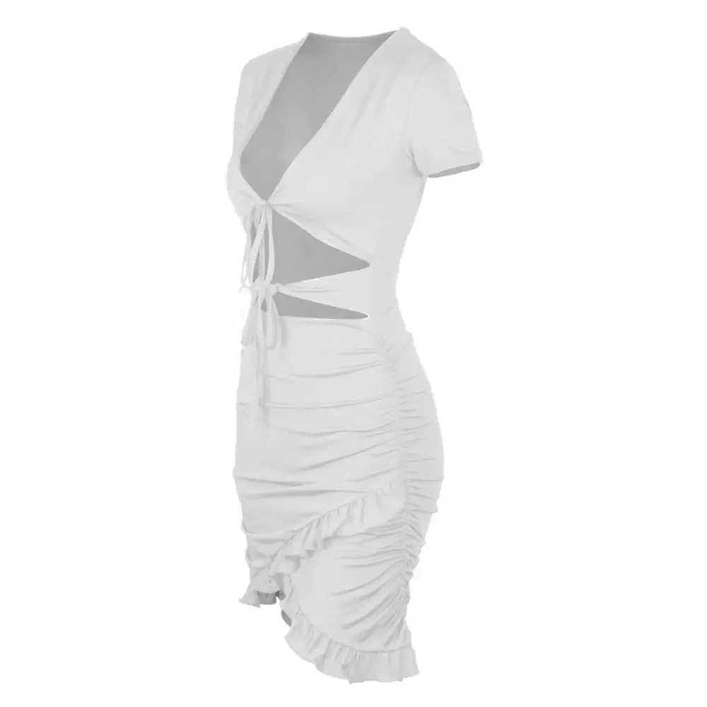 2020 spring summer new dress sexy deep V waist edge hollow-out flounce bag buttock women's thin style | Женская одежда