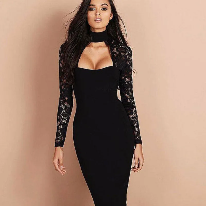 Новое Сексуальное Женское кружевное черное платье с длинным рукавом открытое