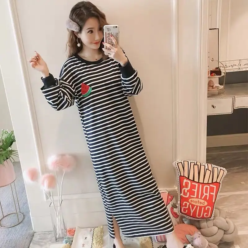

5XL Women Short Sleeve Homewear Nightdress Cotton Striped Nightwear Home Dressing Gown Spring New Long Nightgown X48