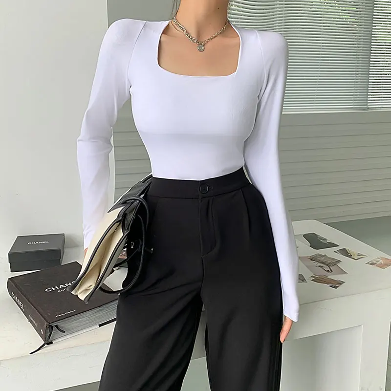 Женская зимняя футболка с длинным рукавом квадратным воротником и