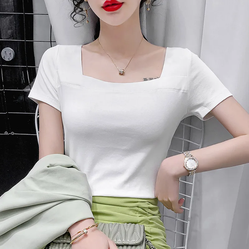 

Летние модные женские топы с U-образным вырезом, женская белая тонкая футболка с квадратным воротником и коротким рукавом, красивая футболк...