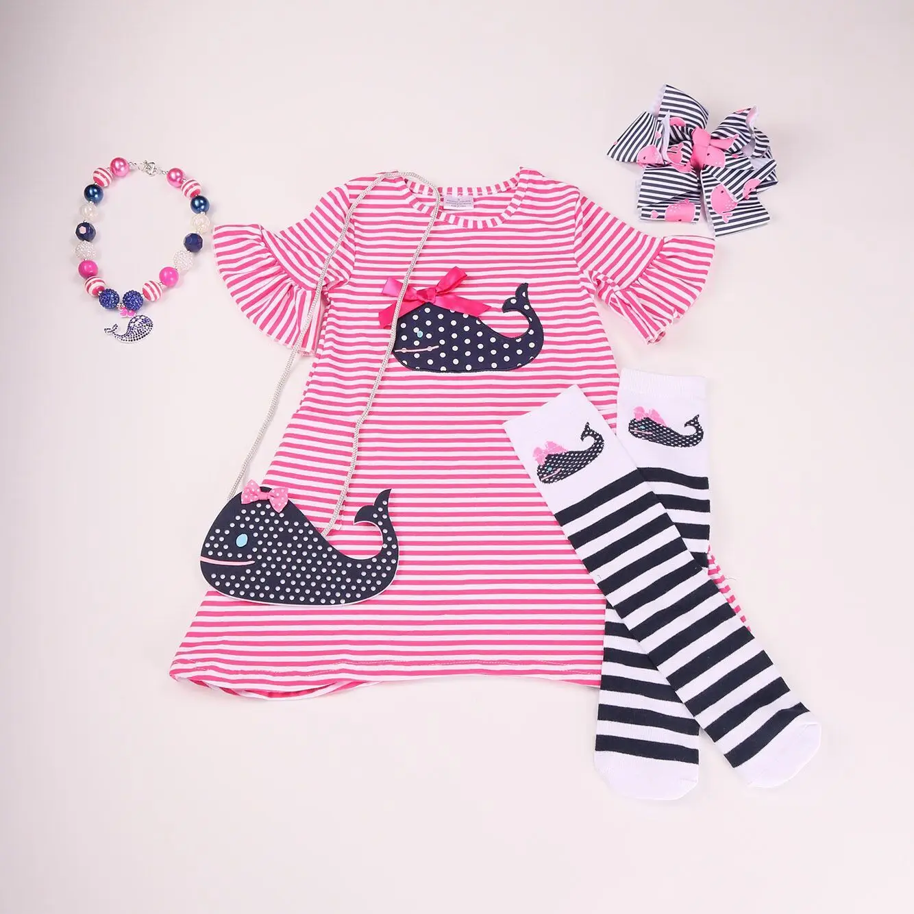 

Summer Girl Stripe Pink Short Sleeve Whale Embroidered Dress with Sock, Purse, Bow and Necklace