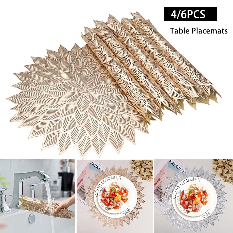 

4PCS 6PCS Gold Silver PVC Placemat Table Hollow Coaster Table Bowl Mats Set for Dining Home Decor Wedding Party