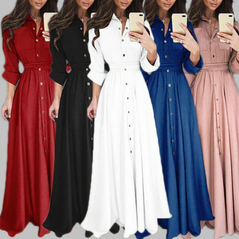 Женское платье макси JMPRS длинное однобортное платье-рубашка с длинным рукавом