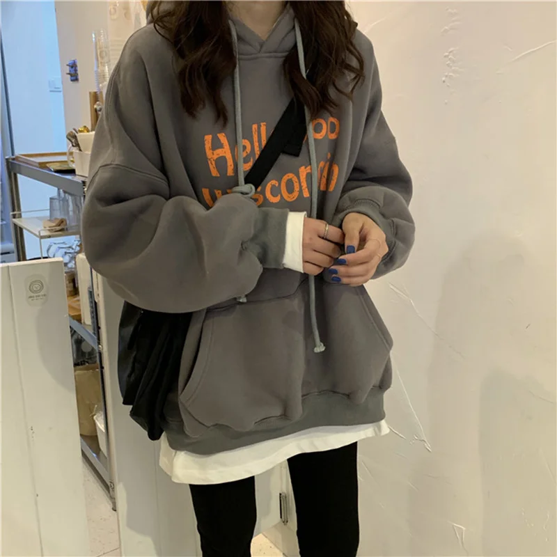 

Fleece-lined Thick Loose-fitting Hoodie Pullover Letter Printing Bathroom Jum
