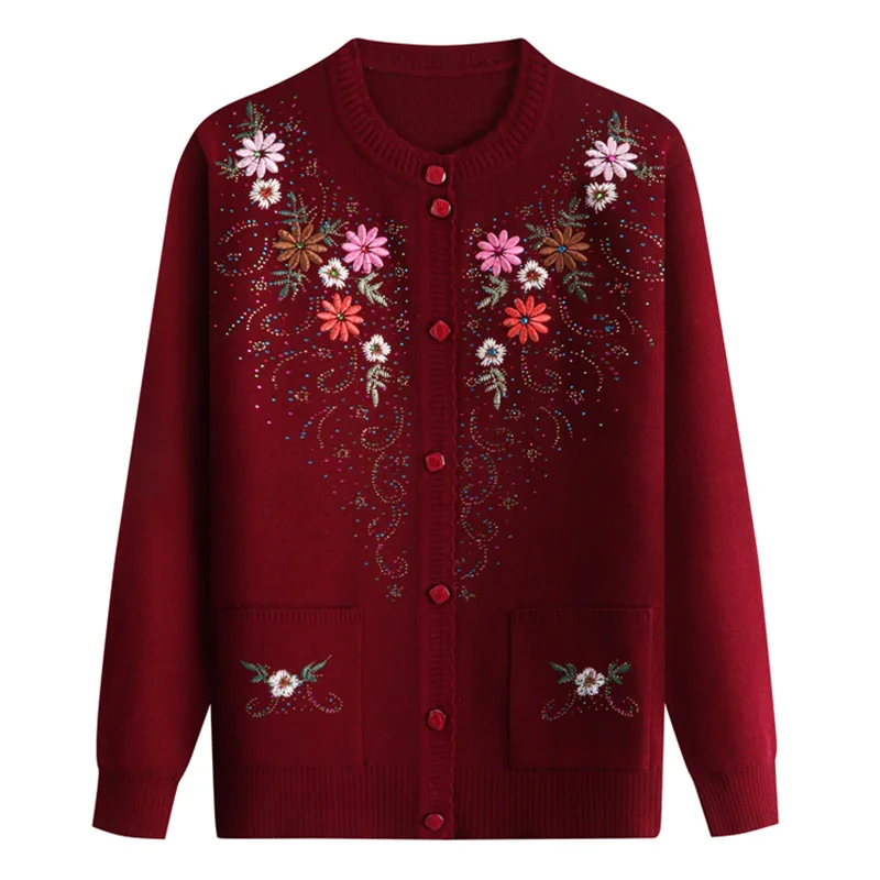 

Middle-aged and Elderly Women Sweaters Cardigan Winter Sweater Knit Coat Female Single-breasted Casual Jacket Top