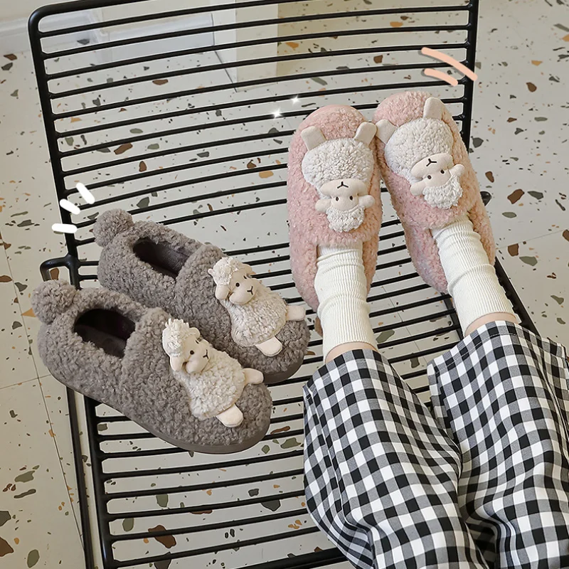 Plush Sheep Cartoon Cotton Slippers Wrapped Root Winter Ladies Non-slip hick Bottom Warm Couples Indoor Home Flat Slippers Women