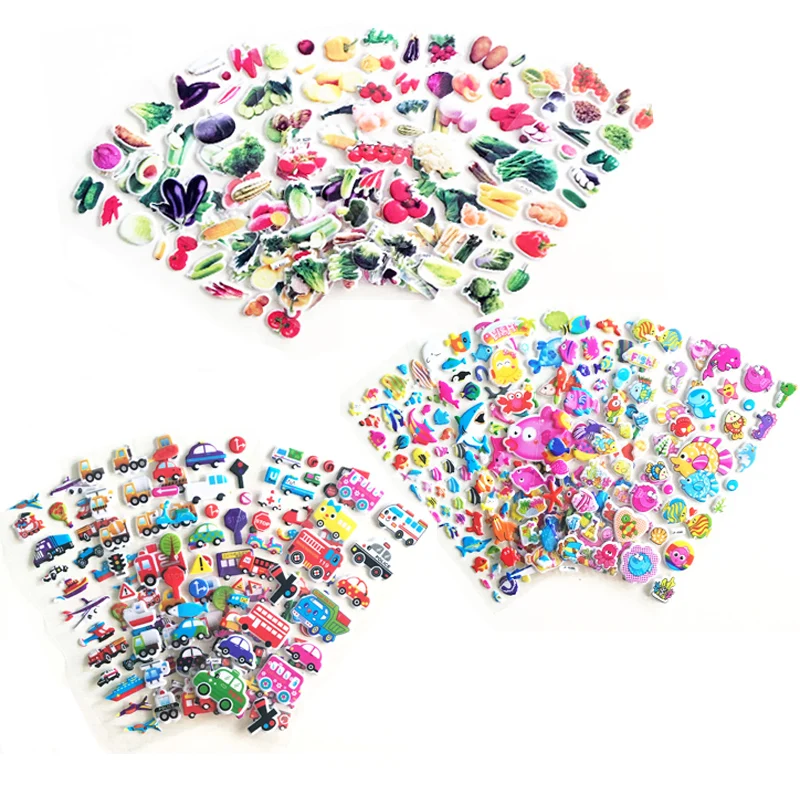 6 листов 3D Пышное пузырчатые наклейки мультфильм Животные Vegtable из непромокаемой