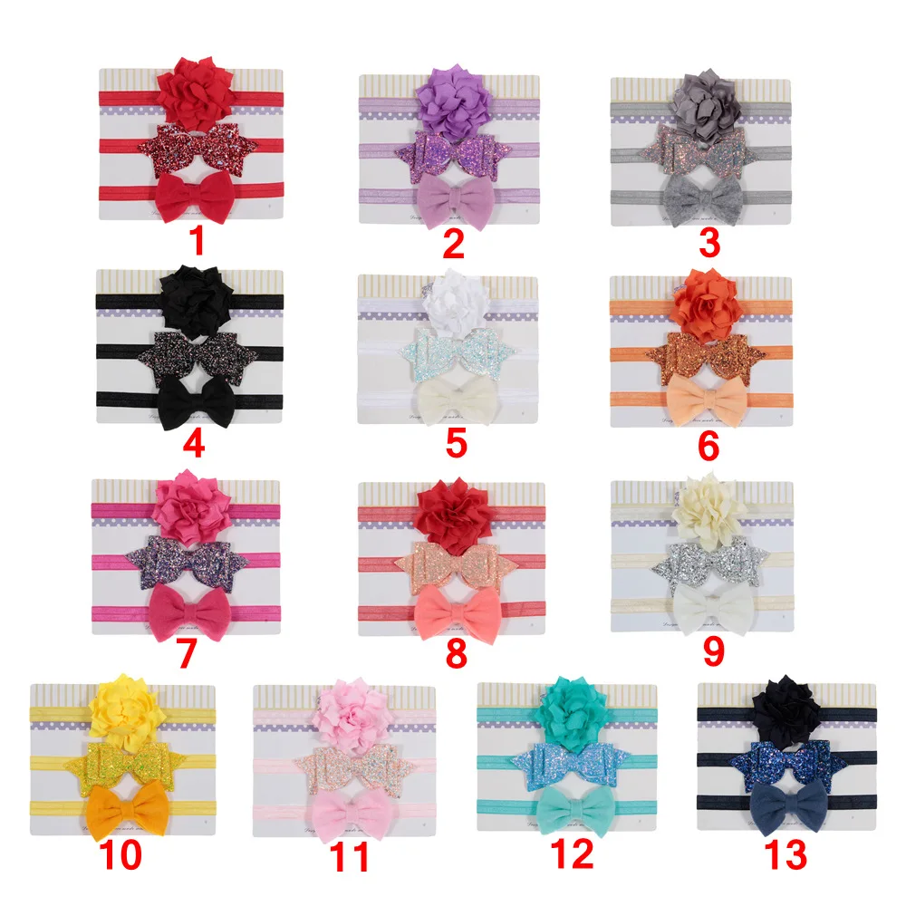 

3pcs Baby Girls Headband Set Sequin Bow Knot Head Bandage Kids Toddlers Headwear Flower Hair Band Clothing Accessories 13 Colors
