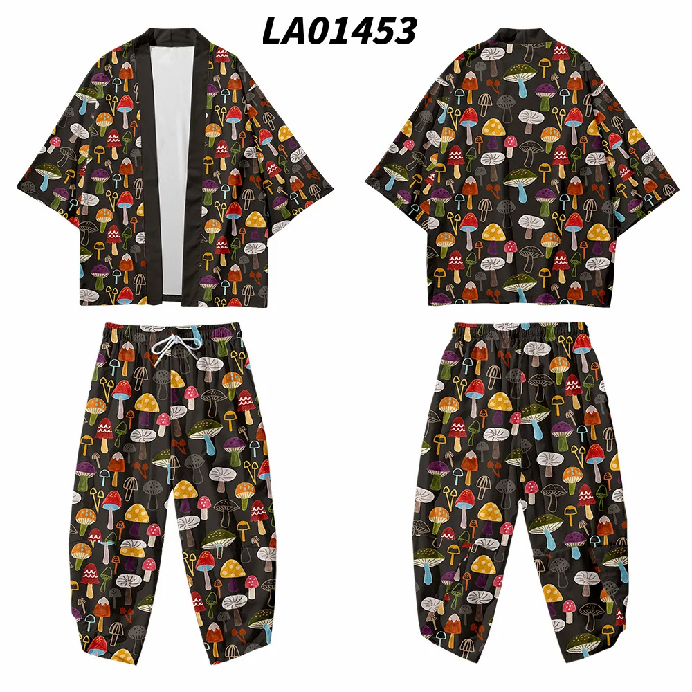 Кимоно с принтом в виде грибов для мужчин и женщин свободные японские штаны стиле