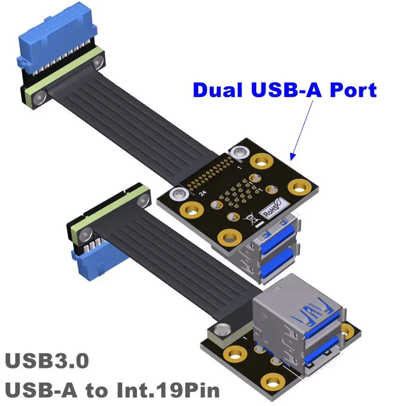 Placa base interna de 19/20 pines A 2 puertos USB 3,0 tipo A, Cable plano hembra con orificios para tornillos, adaptador USB Dual A 90 grados