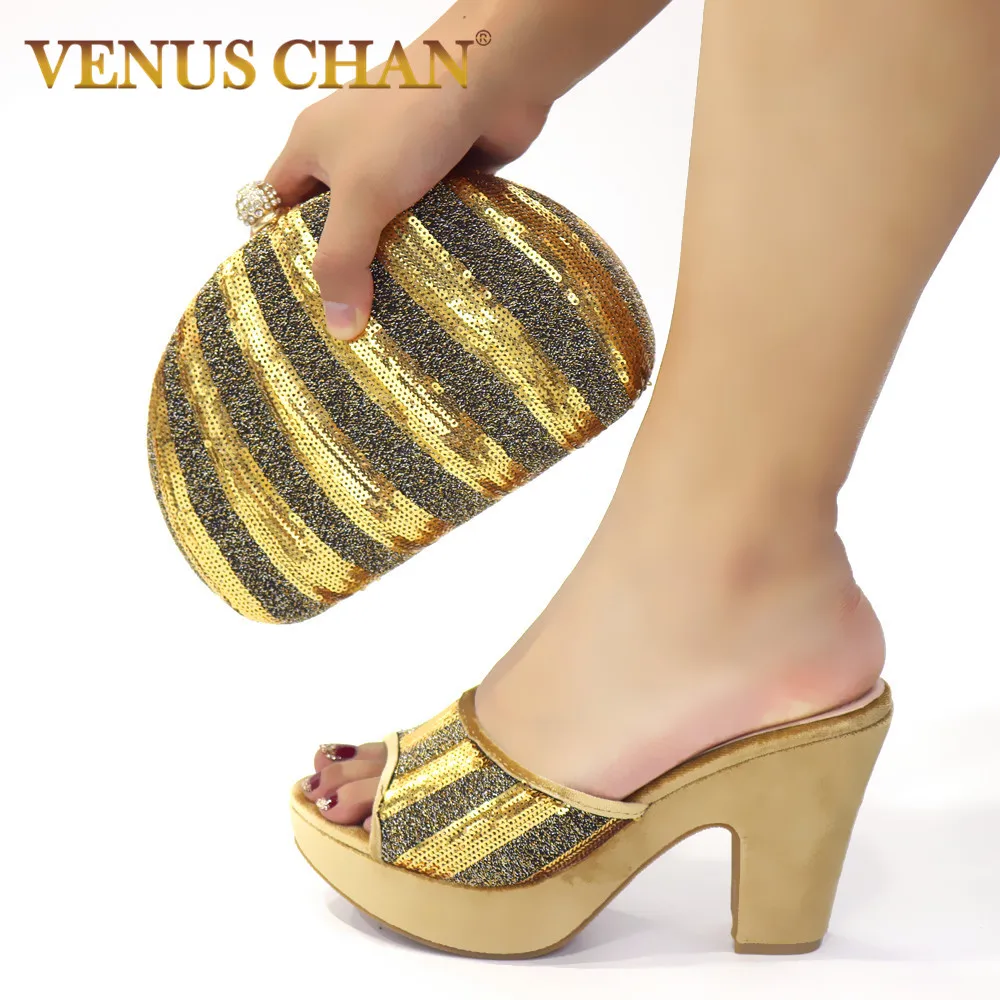 Туфли с острым носком и сумочка золотистого цвета Высококачественная Женская