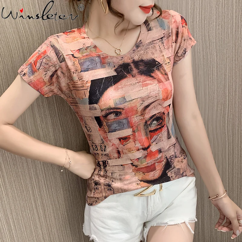 

Summer European Style T-Shirt Print Graffiti Fashion Women Tops Short Sleeve Bottoming Shirt All Match Street Slim Tees T15707A