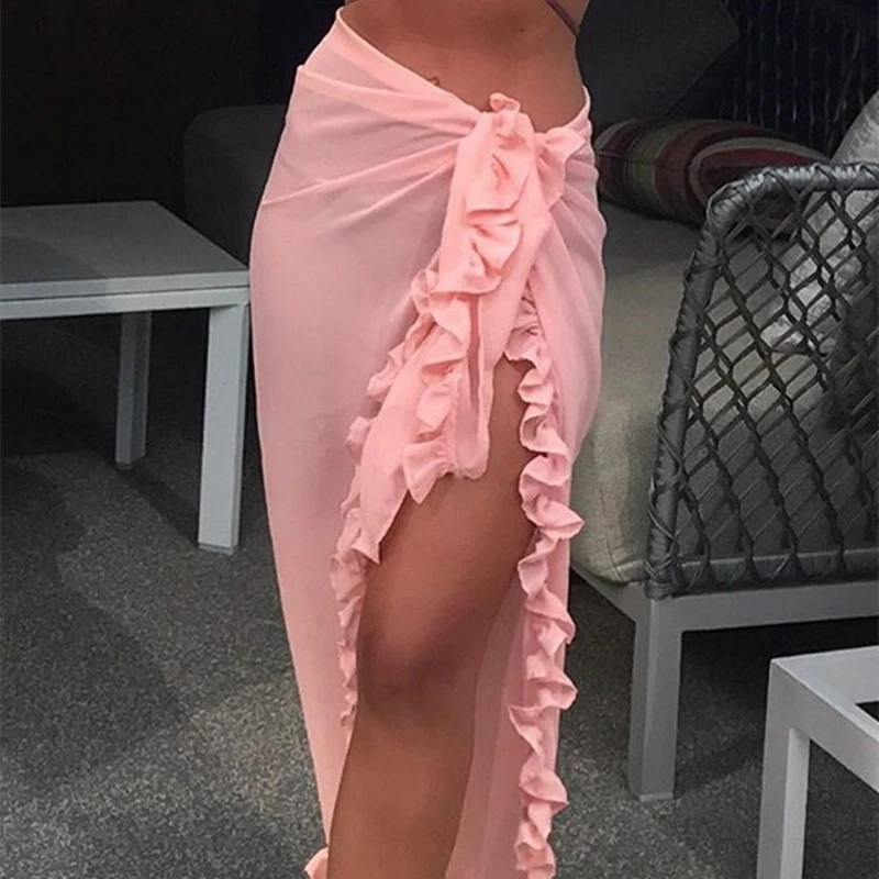 Модная однотонная пляжная Женская юбка пикантная с высоким разрезом на шнуровке