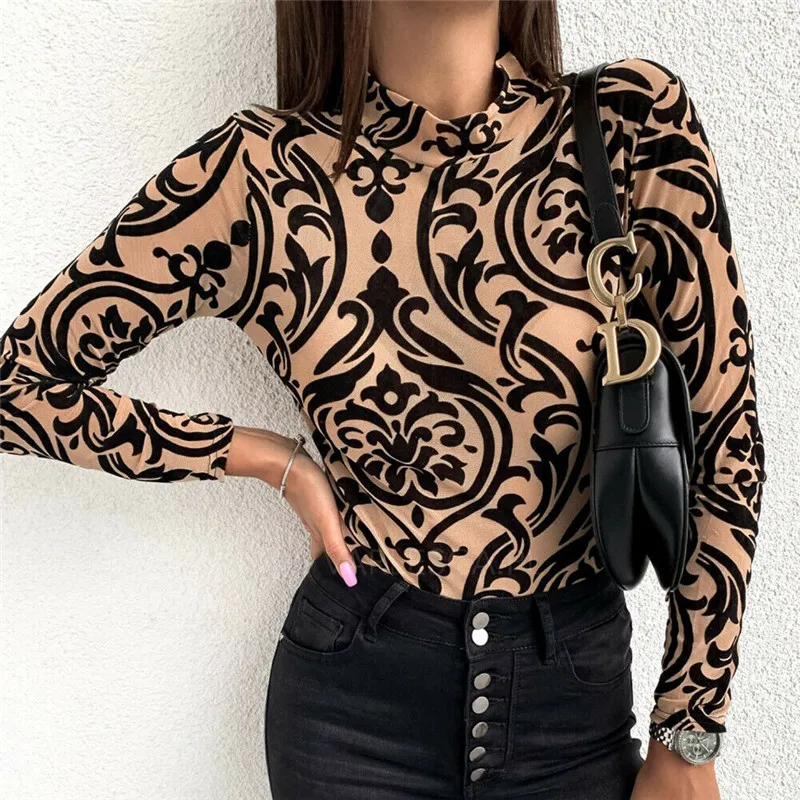 

Leopard Floral Sexy Pop women Tee top Pullover Long sleeve High neck Club Casual style Fall clothes Turtleneck Slim T-shirts