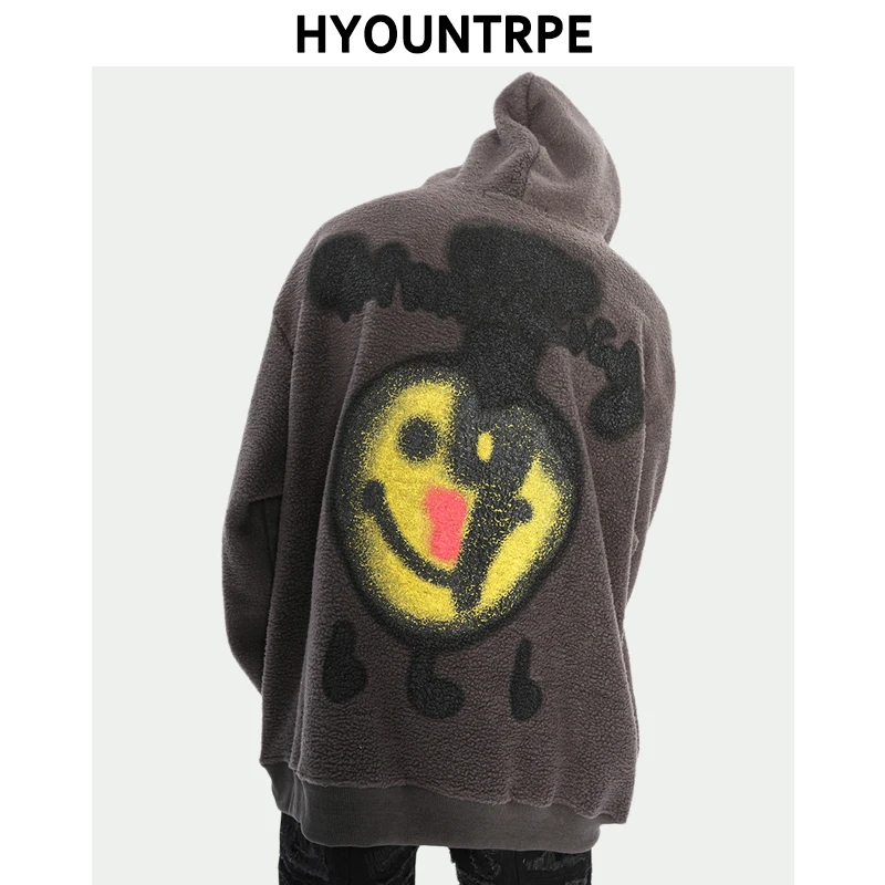 

Men Graffiti Fleece Hoodies High Street Hairy Oversize Harajuku Hooded Tops Hip Hop Skateboard Warm Bomber Streetwear Pullovers