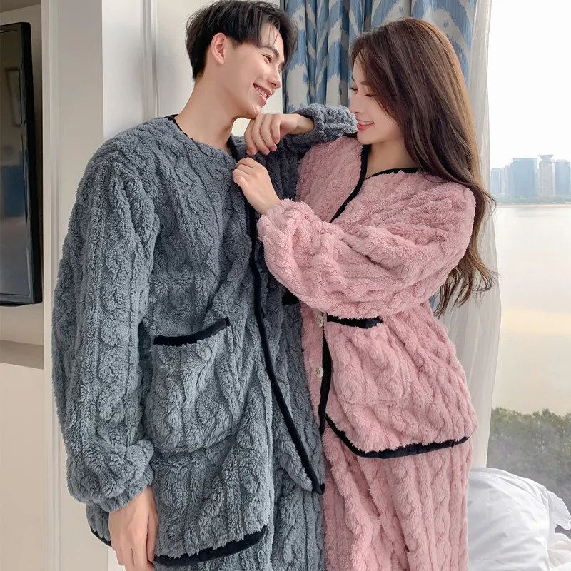 

Зимние женские и мужские серые розовые фланелевые пижамы, утепленные пижамные комплекты для пар, пижамы с длинным рукавом, домашняя одежда
