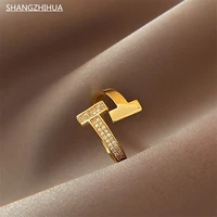 shangzhihua classic simple letter t luxury zircon open adjustable ring for women luxury unusual party jewelry gift