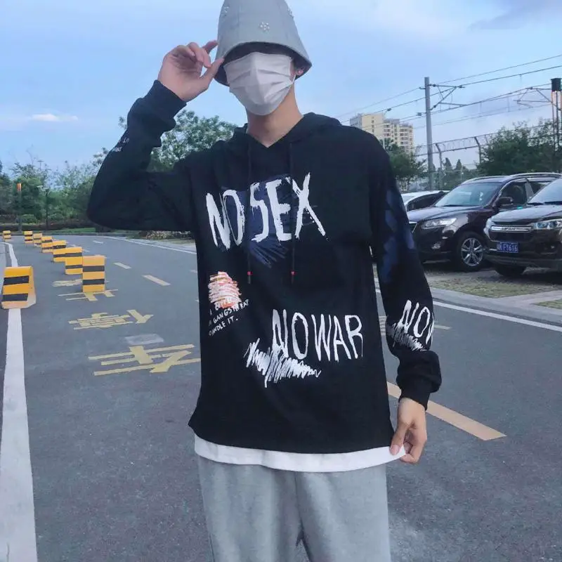 

Мужской свободный свитер с капюшоном, Повседневный пуловер оверсайз из двух частей с граффити в уличном стиле, осень 2021