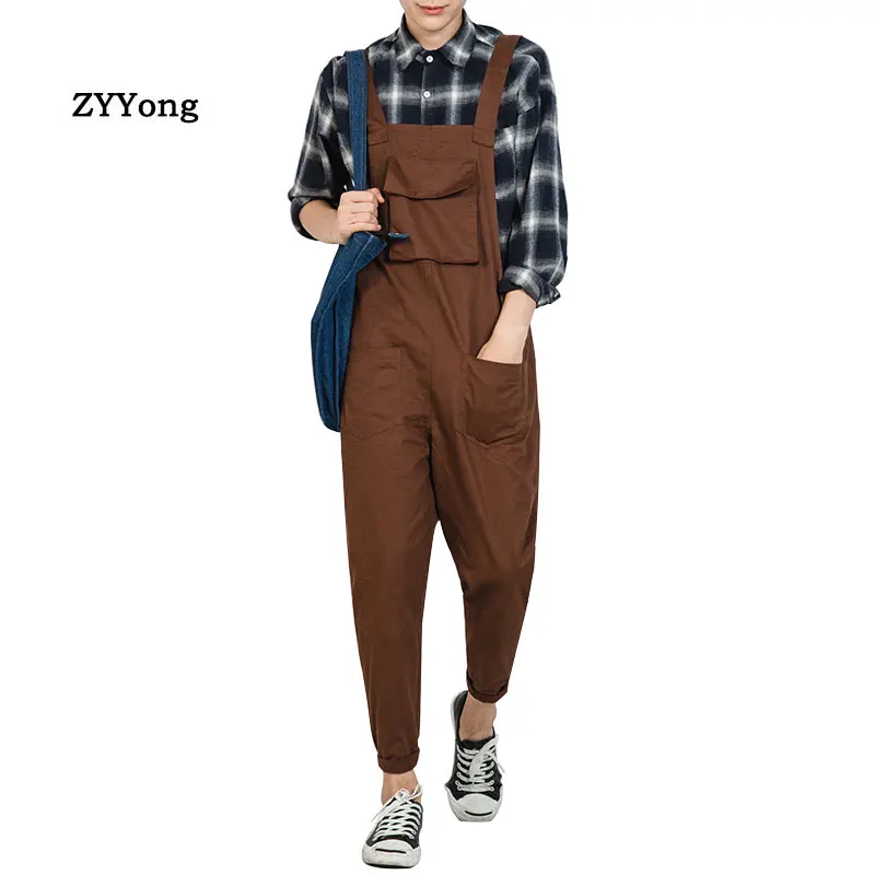 2020 Youth Men Bib Overalls Freight Trousers Cotton Loose Big Pocket Casual Beam Feet Harem Cargo Pants Brown Jumpsuits Rompers
