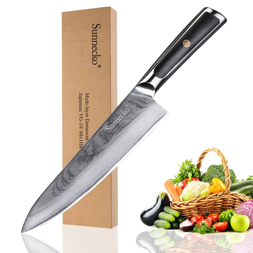 SUNNECKO 8'' Chef Knife Damascus Japanese VG10 Steel Core Blade Kitchen Knives G10 Handle Sharp Meat Fruit Slicing Cutting Tools