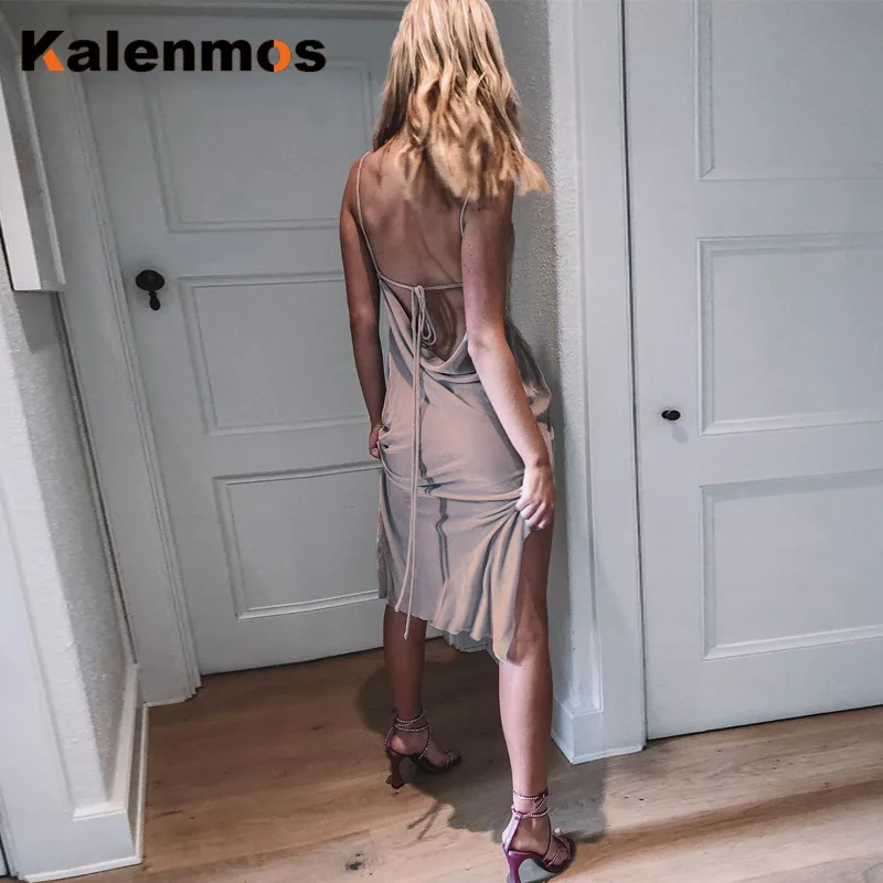 Бархат без рукавов с открытой спиной сексуальное разрезом миди платье осень зима