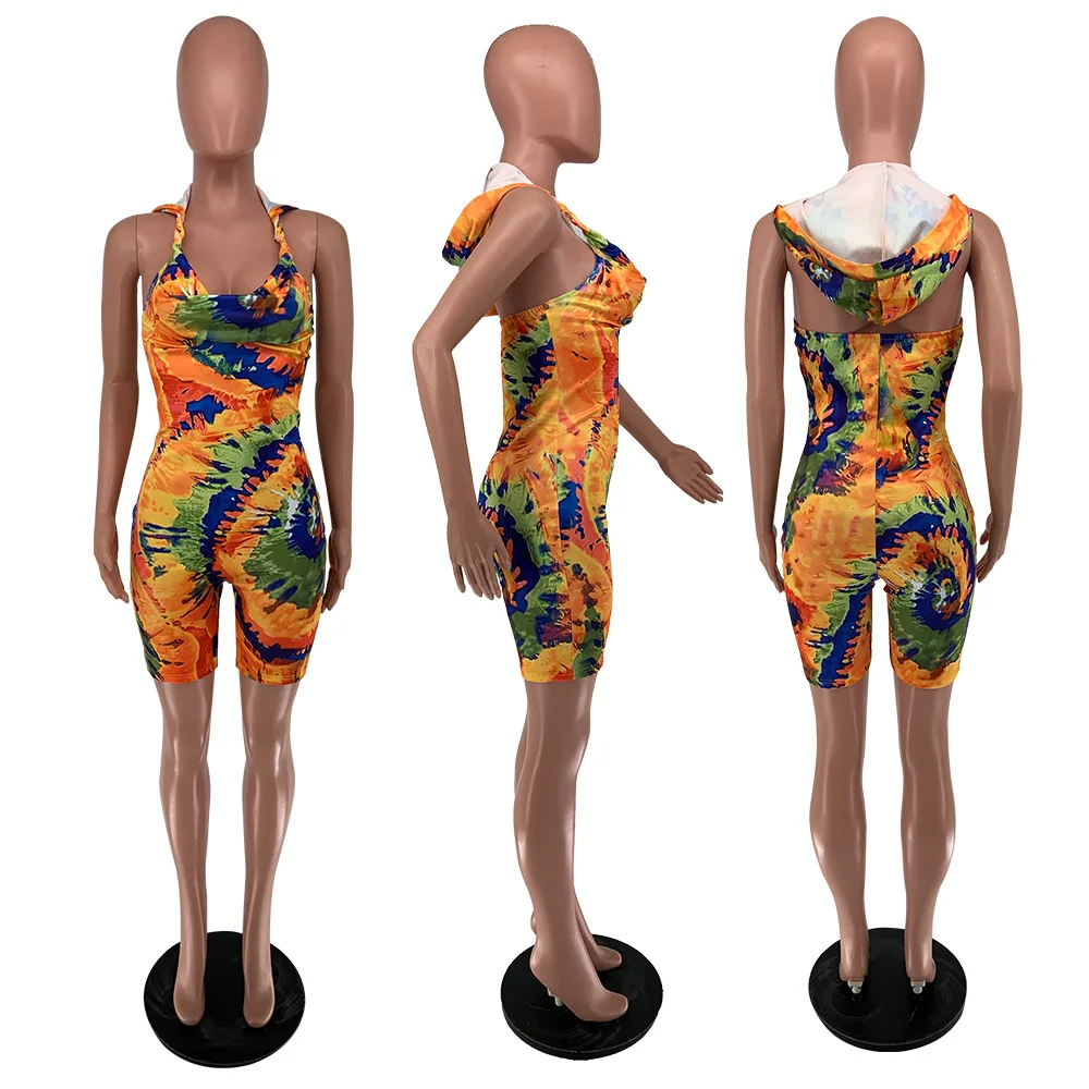 

Womens Playsuit Tie-Dye Jumpsuit Shorts Female High Waist Pants Fashion Sexy Printing Hooded Collar Skinny Summer Rompers
