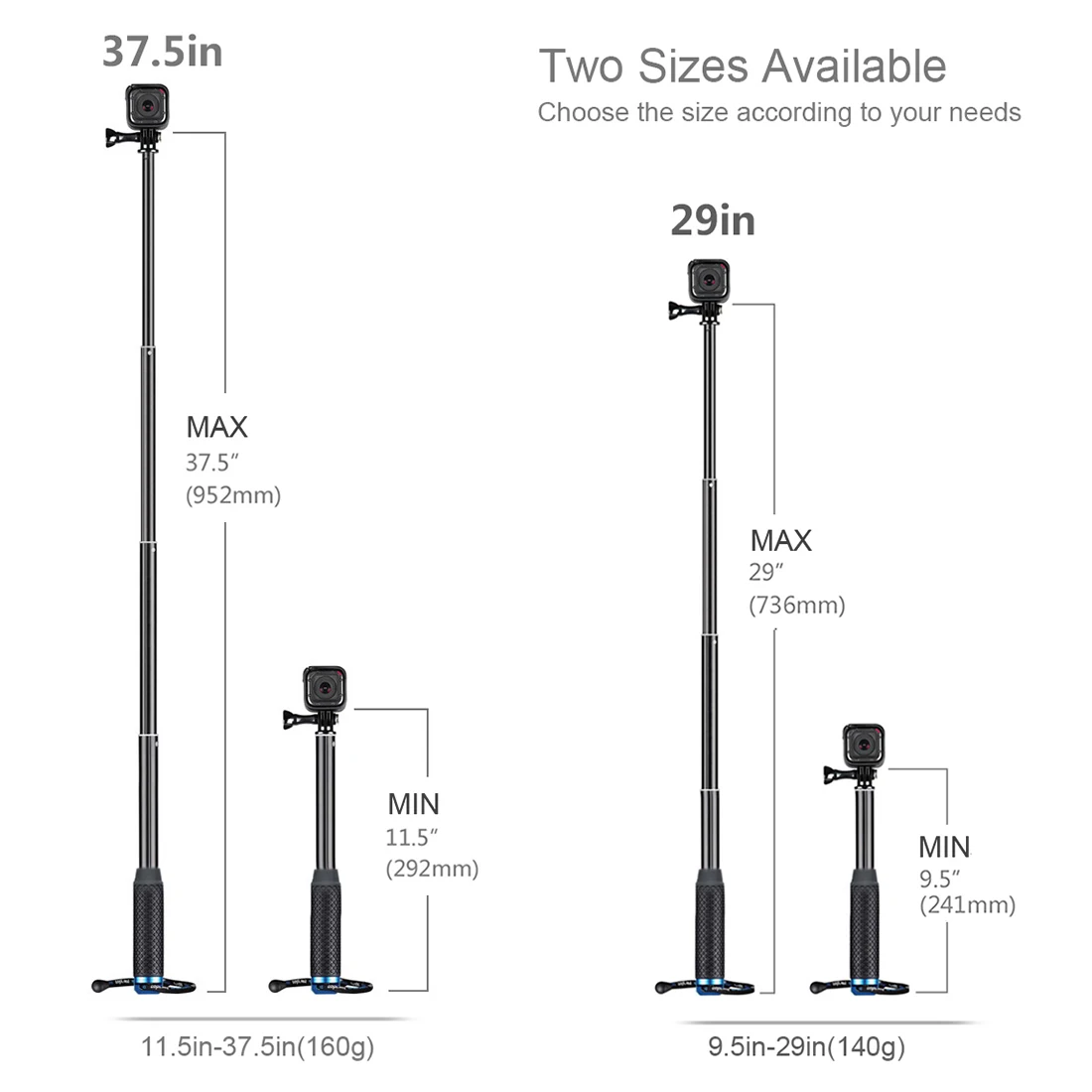 SOONSUN алюминиевый выдвижной монопод шест палка для селфи GoPro Hero 11/10/9/8/7/6/5/4 Макс 1/4