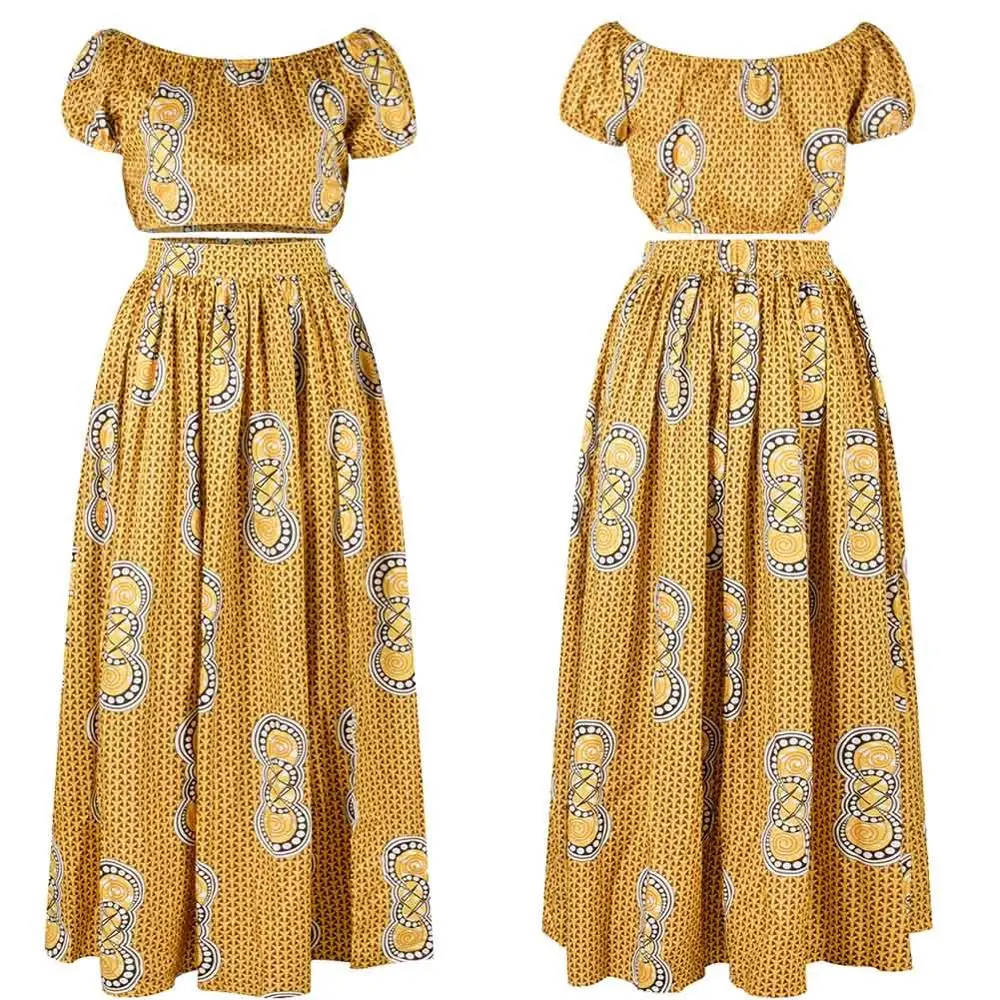 Dashiki-Yellow BOHISEN африканская Дашики платья для женщин Базен костюмы короткий рукав африканская Женская одежда с Scraf цветочный принт - Цвет: Dashiki-Yellow
