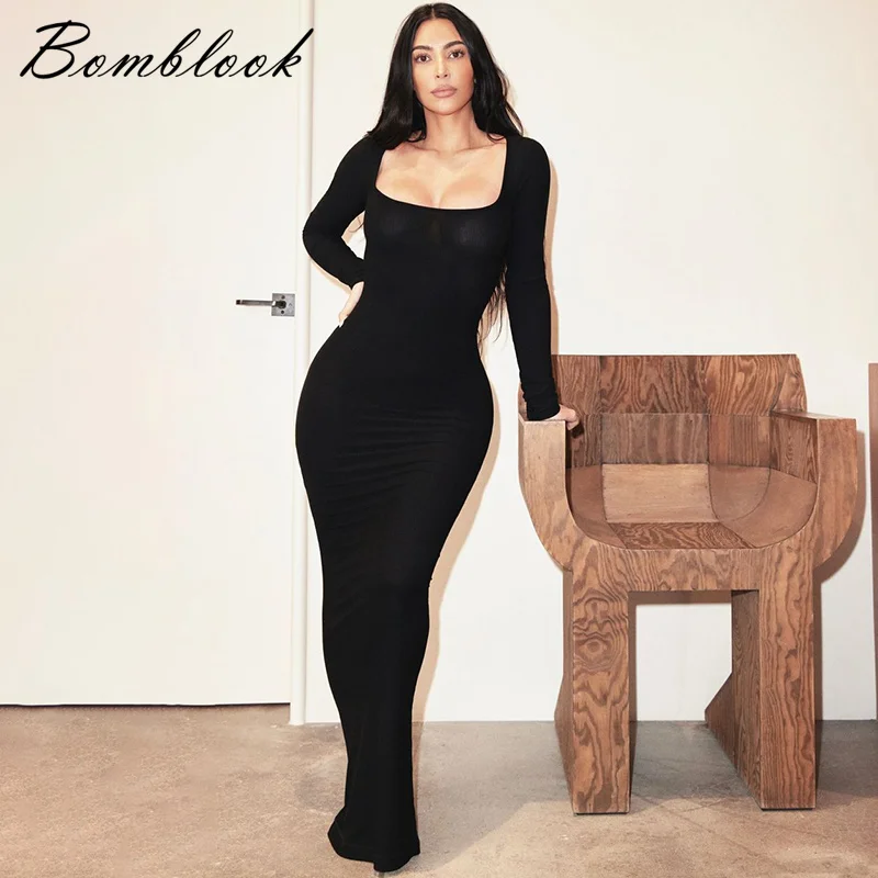 

Bomblook Winter New Solid Color Slim Dress Long-Sleeved Square Neck Tight-Fitting Women's Casual Party Long Skirt Women's 2021