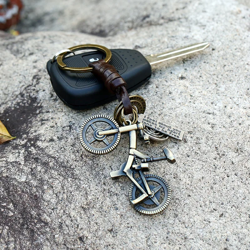 

Punk Vintage Bike Bicycle Pendant Charm Genuine Leather Keychain For Men Women Key Ring Car Auto Bag Key Chain Accessory