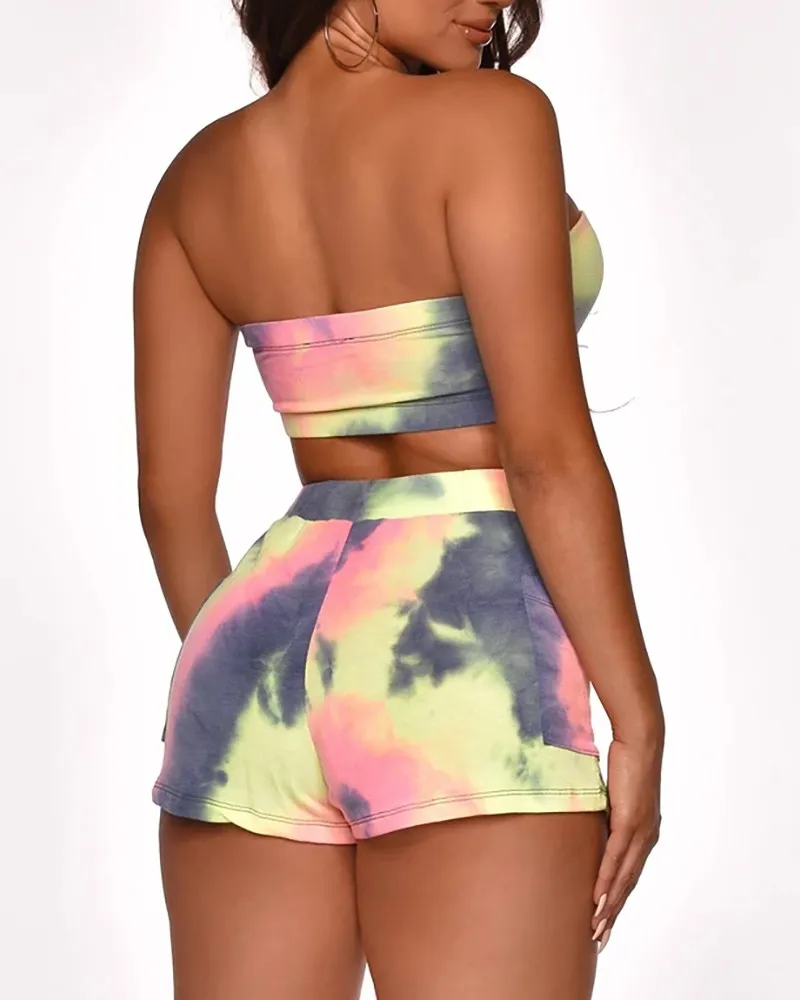 

Women Tie-Dye Print Running Sets Summer Lace Up Two Pieces Sportswear Short Set Bandage Tube Top+High Waist Shorts Female Set
