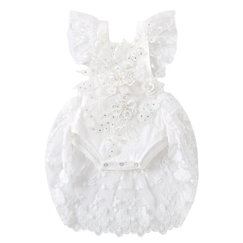 

2021 Children's Clothing Net Yarns Crawling Suit With Strap Flower Embroidered Beaded Lace For Baby Girls B88
