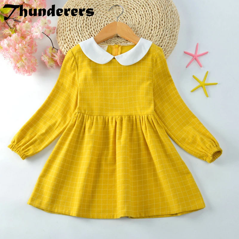 

Thunderers Girl Dress Cotton Casual Plaid Printed Children Party Dresses Lapel Kids Princess Dress Long Sleeve Autumn Clothes