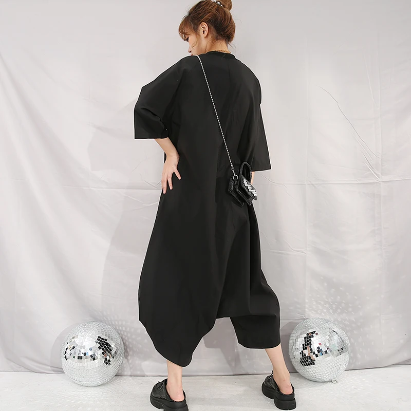 

[EAM] Loose Fit Women Black Big Size Long Jumpsuit New High Waist Pocket Stitch Pants Fashion Tide Spring Autumn 2021 YA11601