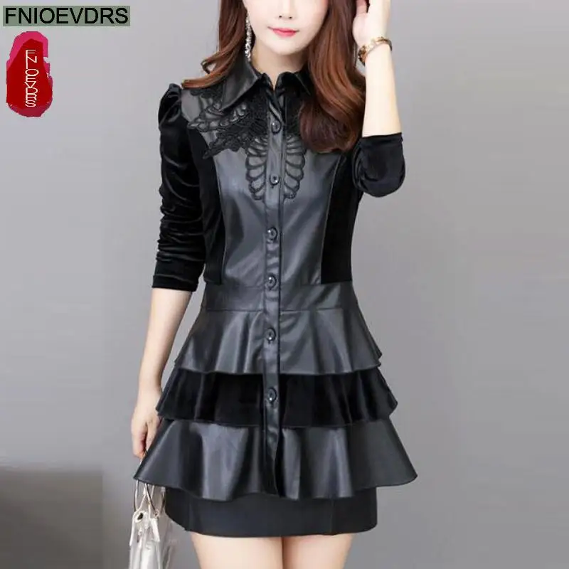 

Women Winter Basic Shirts Fashion European Style Faux Pu Leather Tops Elegant Ruffles Layer Black Lace Tunic Belly Peplum Blouse