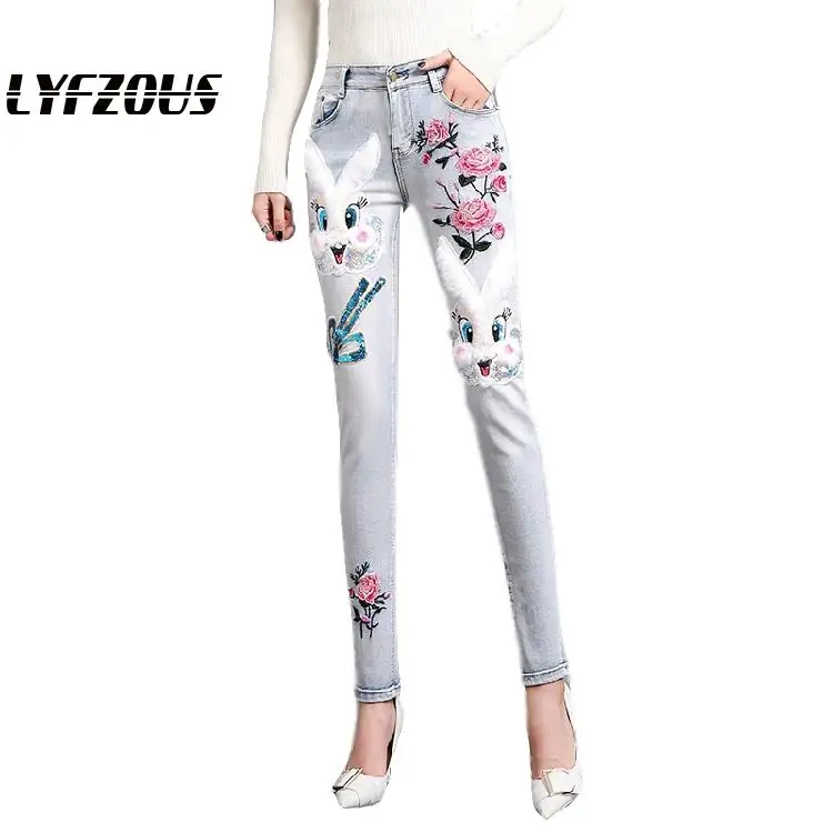 Женские узкие джинсы с цветочной вышивкой прямые повседневные джинсовые