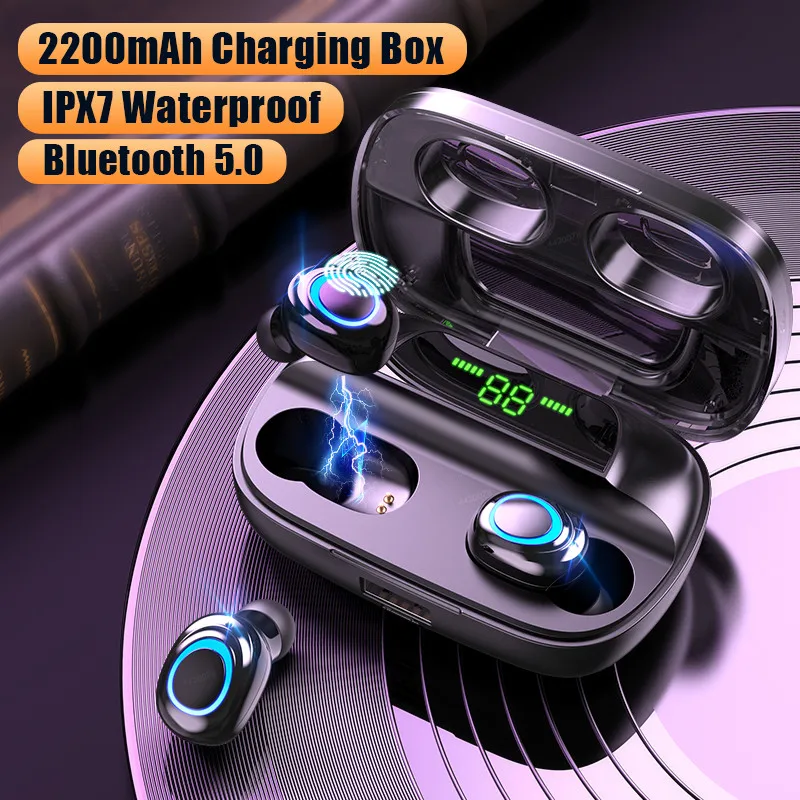 

Wireless Headphones Bluetooth V5.0 Earphones LED Display 2200mAh Charging Box with Microphone Waterproof Headphone Touch Control