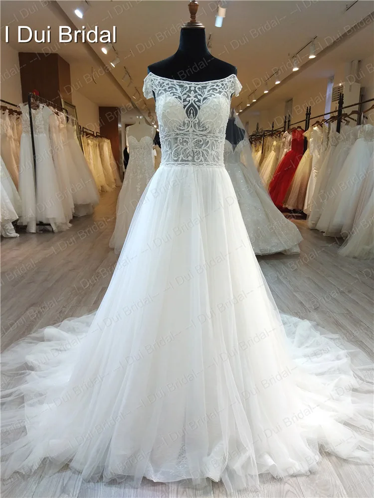 Off Shoulder Wedding Dress with Short Sleeve Beaded A Line Bridal Gown Illusion Corset