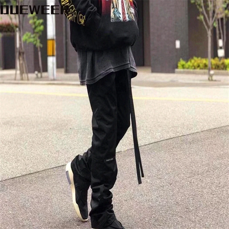 Duoweer-pantalones de chándal holgados para hombre, ropa de calle informal con cierre de correa de Velcro, estilo Hip Hop Vintage, color negro, Kanye West