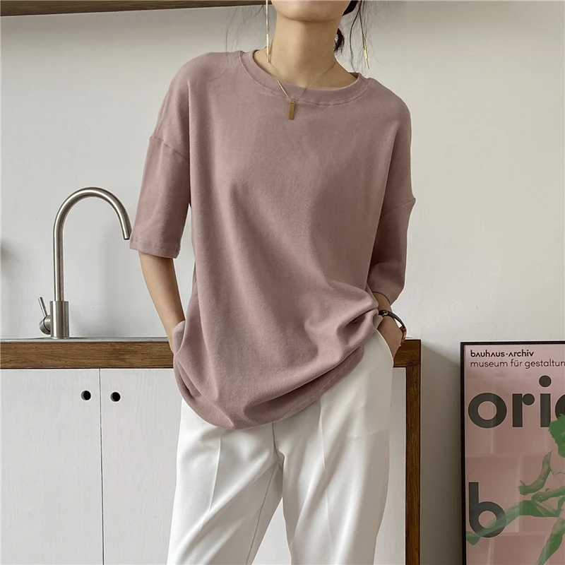 

Limiguyue Summer Women T-shirts Bottoming Solid Oversize 100% Cotton Basic T-shirt Casual Fashionable Short Sleeve Tops K1834