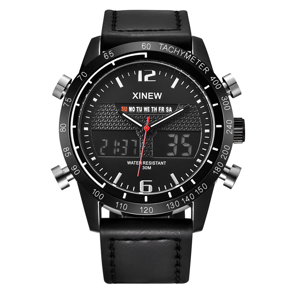 

От бренда XINEW Хронограф Мужские Бизнес часы Мода кожаный ремешок спортивные военные часы с двумя часовыми поясами кварцевые часы Relogio Masculino ...