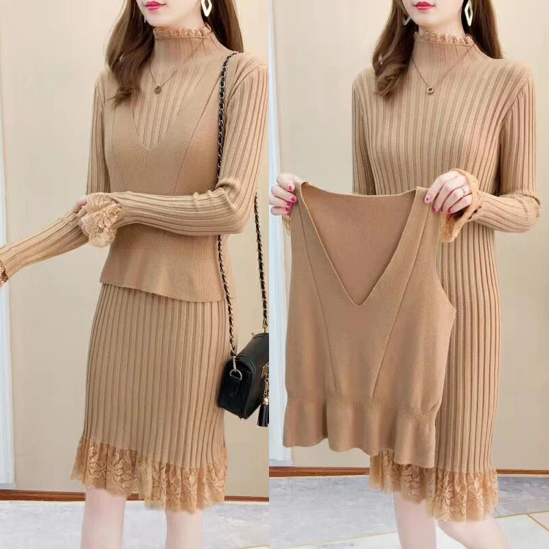 

Женское трикотажное платье, комплект из двух предметов, свитер с V-образным вырезом и водолазка, весна-осень 2022