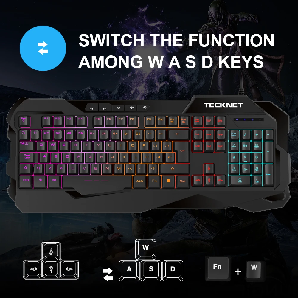 TeckNet 101 Keycaps Проводная игровая клавиатура черная английская с подсветкой