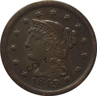 1849 США 1839-1857 Заплетенные волосы большой цент копии монет - Цвет: 1849