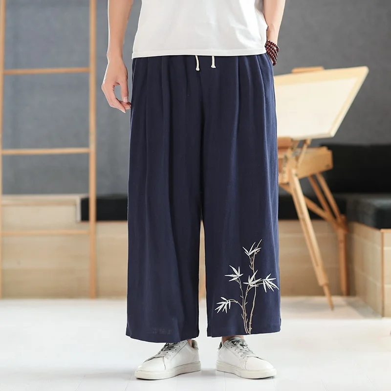 

Cotton Oriental Style Wide Pants Men Linen Chinese Style Hakama Embroidery Japanese Ethnic Clothing National Costume Blue KK3834