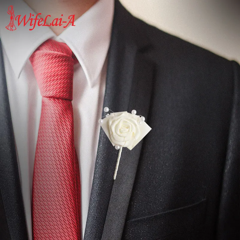 European Wedding Groom Boutonniere Pearl Corsage Customizable Ivory Ribbon Rose Ceremony Flower Man Suit Lapel Pin Brooch X994-J | Свадьбы и